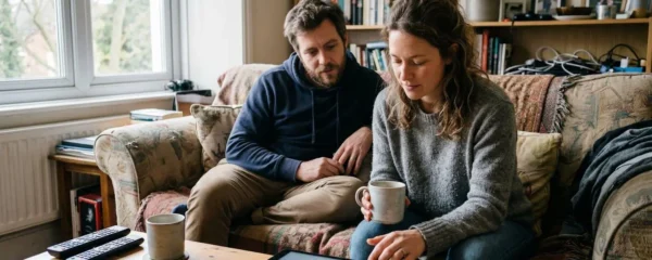 Un couple trentenaire assis dans leur salon consulte une tablette posée sur la table basse, lumière naturelle de fin de journée