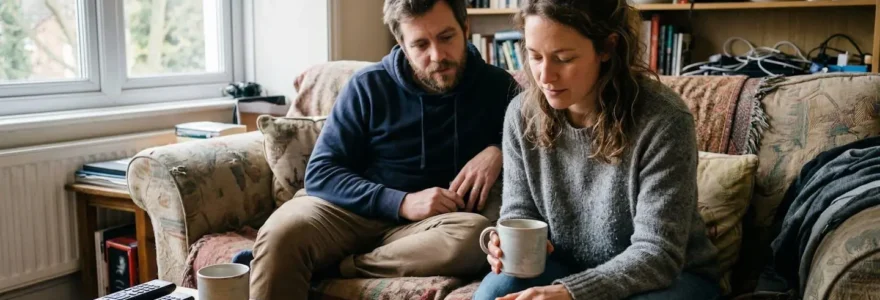 Un couple trentenaire assis dans leur salon consulte une tablette posée sur la table basse, lumière naturelle de fin de journée