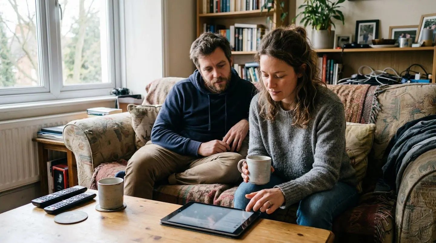 Un couple trentenaire assis dans leur salon consulte une tablette posée sur la table basse, lumière naturelle de fin de journée