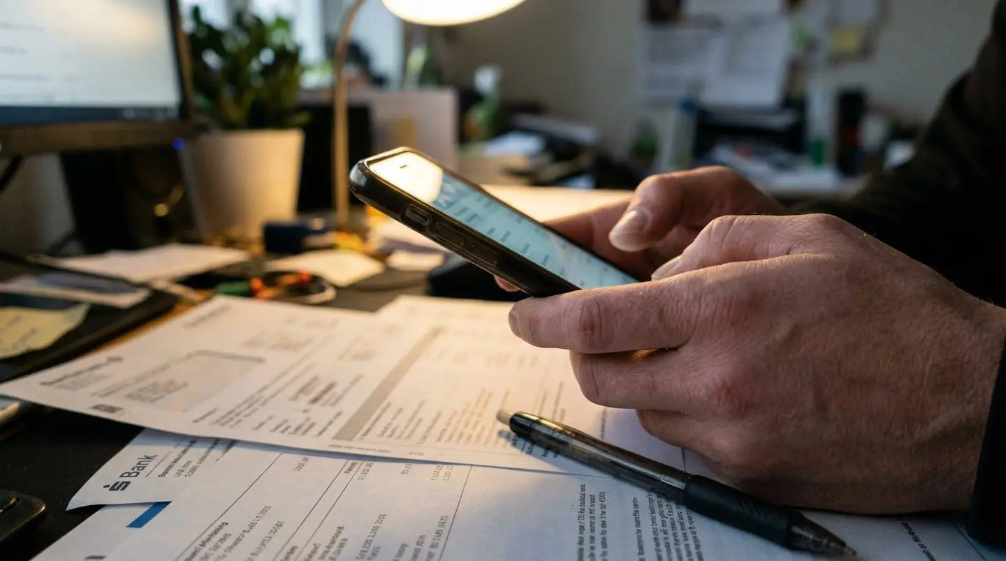 Des mains tiennent un smartphone au-dessus de documents papier sur un bureau, stylo posé à côté, lumière naturelle