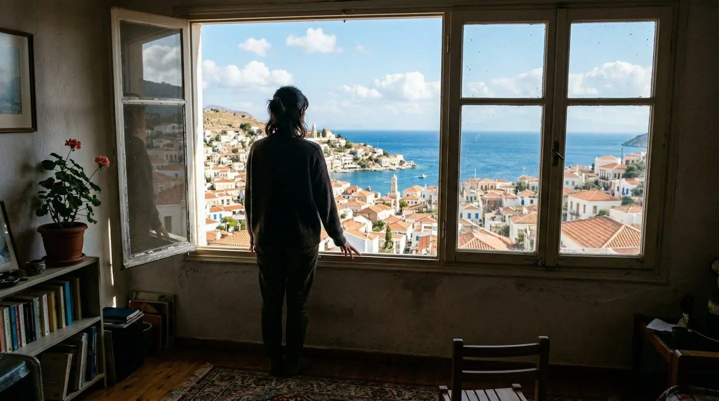 Une personne vue de dos regarde par la fenêtre d'un appartement avec une vue sur des toits méditerranéens et un ciel bleu
