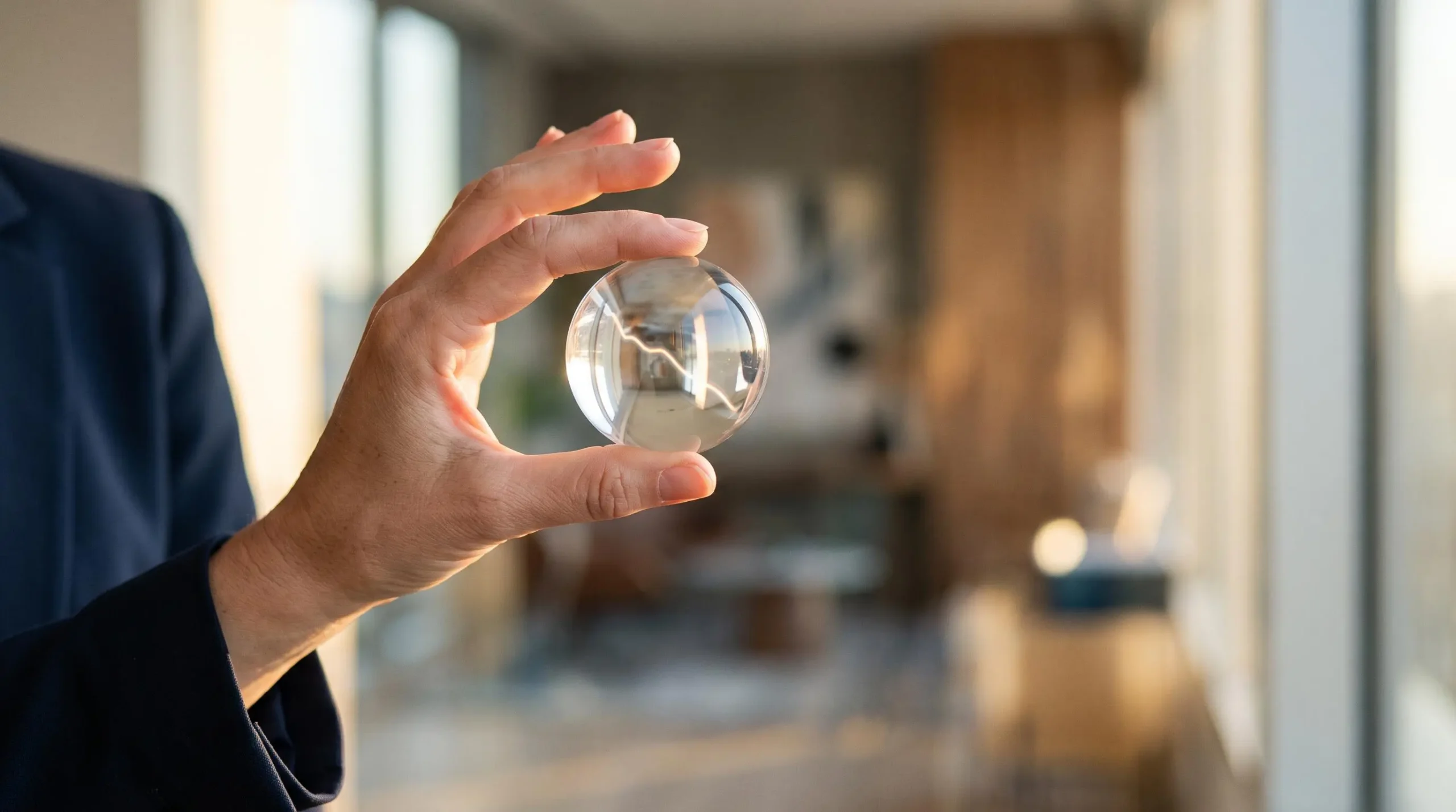Main tenant une sphère de verre reflétant une courbe de marché financière, symbole de l'analyse du risque avant investissement