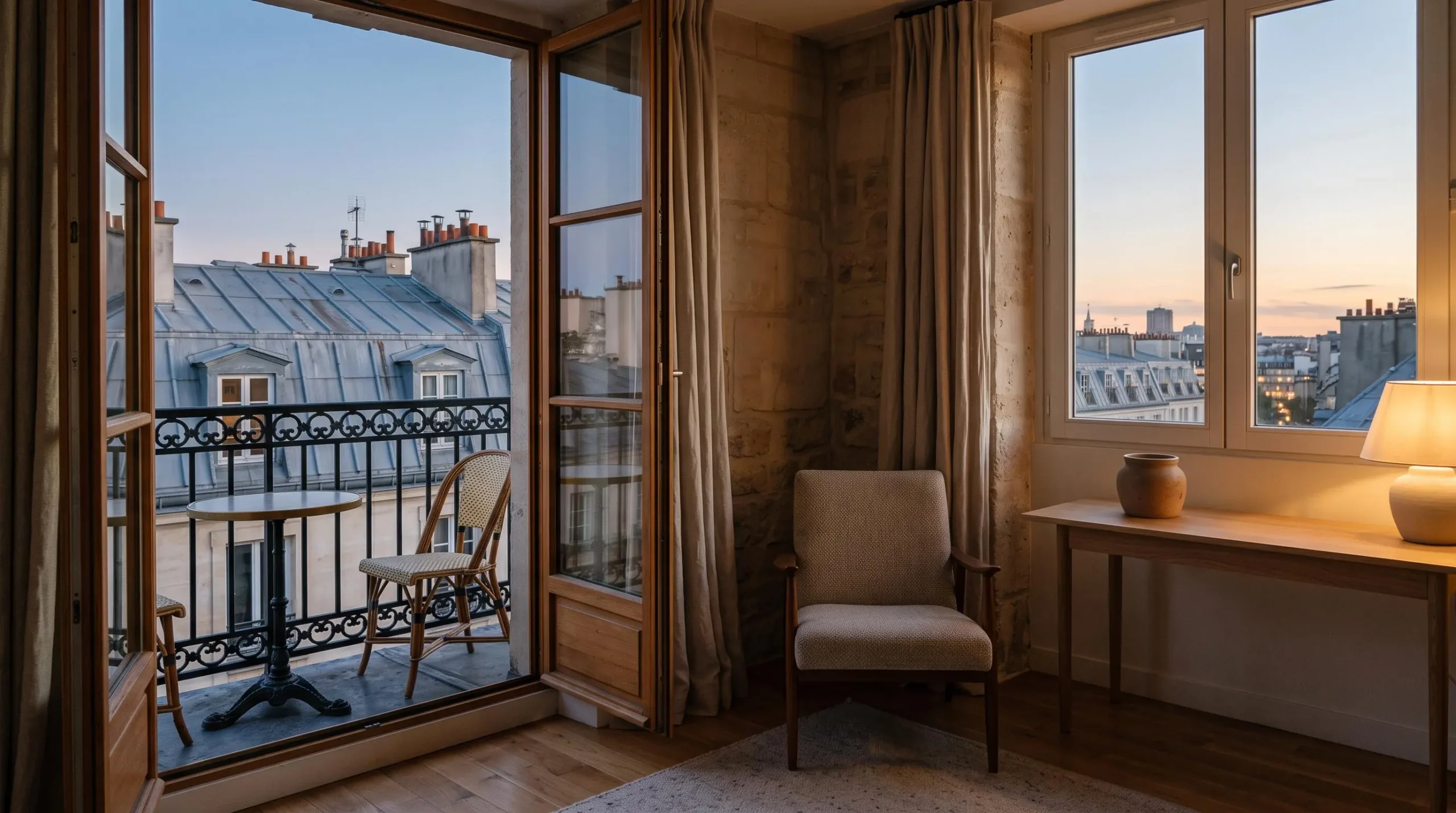 Vue d'un appartement cosy avec balcon donnant sur des toits parisiens au crépuscule, symbolisant un revenu locatif complémentaire