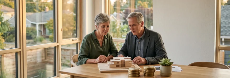 Photographie editoriale symbolisant l'audit d'un patrimoine de 400 000 euros a travers une maquette de maison et des piles de jetons abstraits sur une table en bois