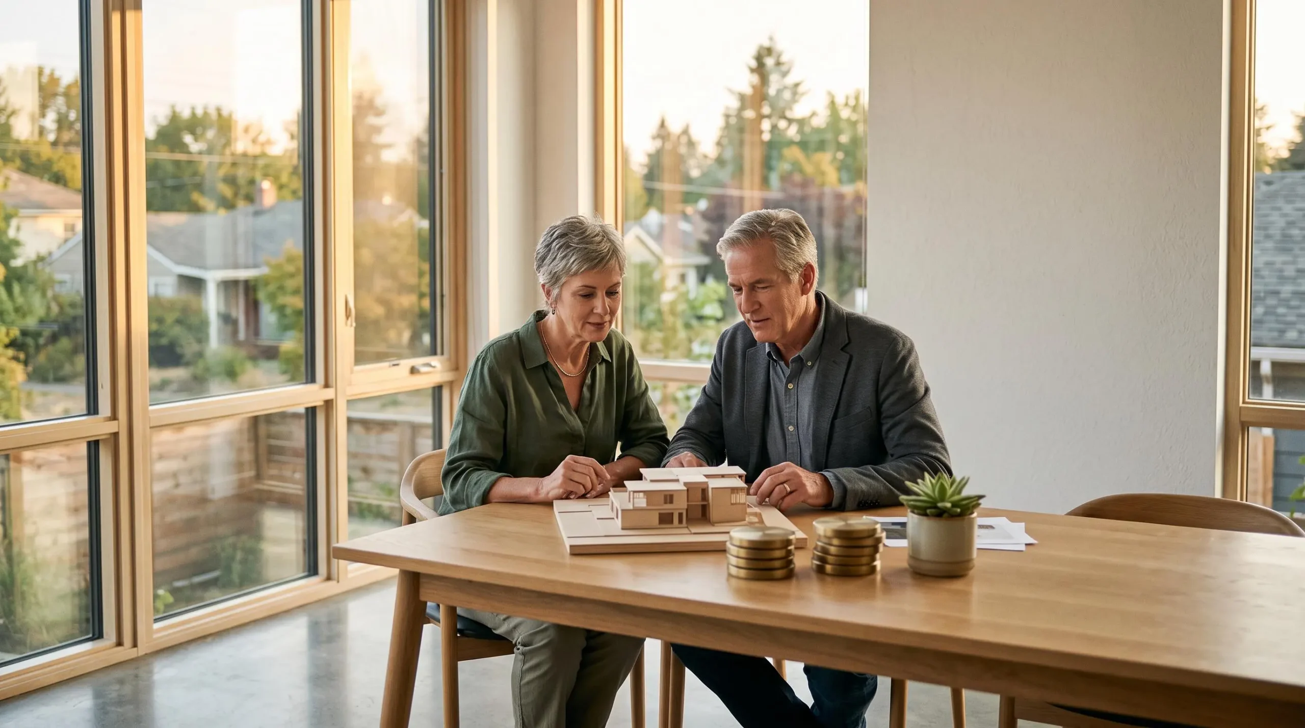 Photographie editoriale symbolisant l'audit d'un patrimoine de 400 000 euros a travers une maquette de maison et des piles de jetons abstraits sur une table en bois