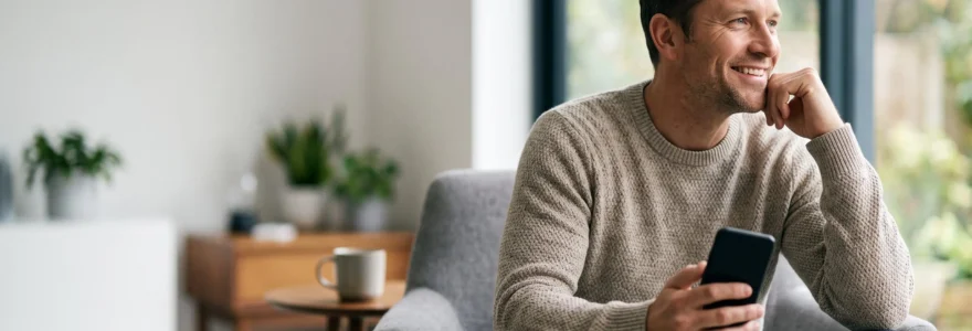 Une personne sereine consultant son application bancaire dans un intérieur lumineux, symbole de confiance envers la banque en ligne