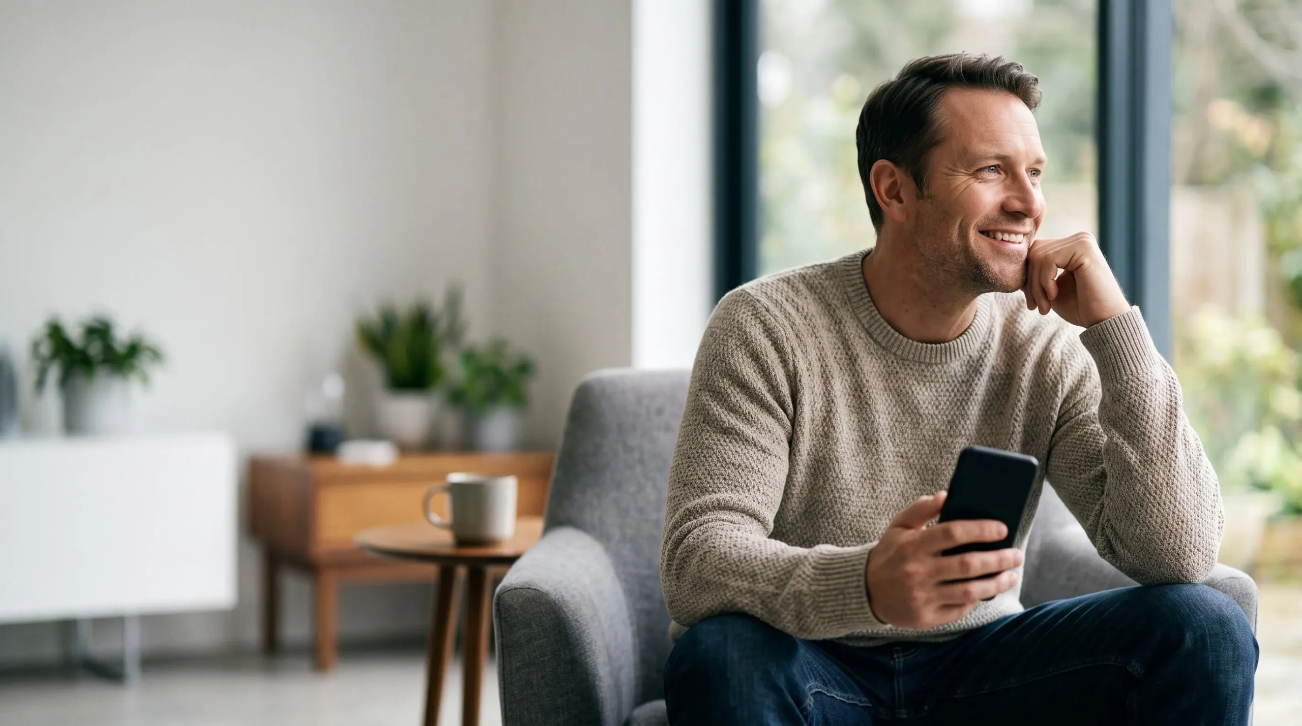 Une personne sereine consultant son application bancaire dans un intérieur lumineux, symbole de confiance envers la banque en ligne