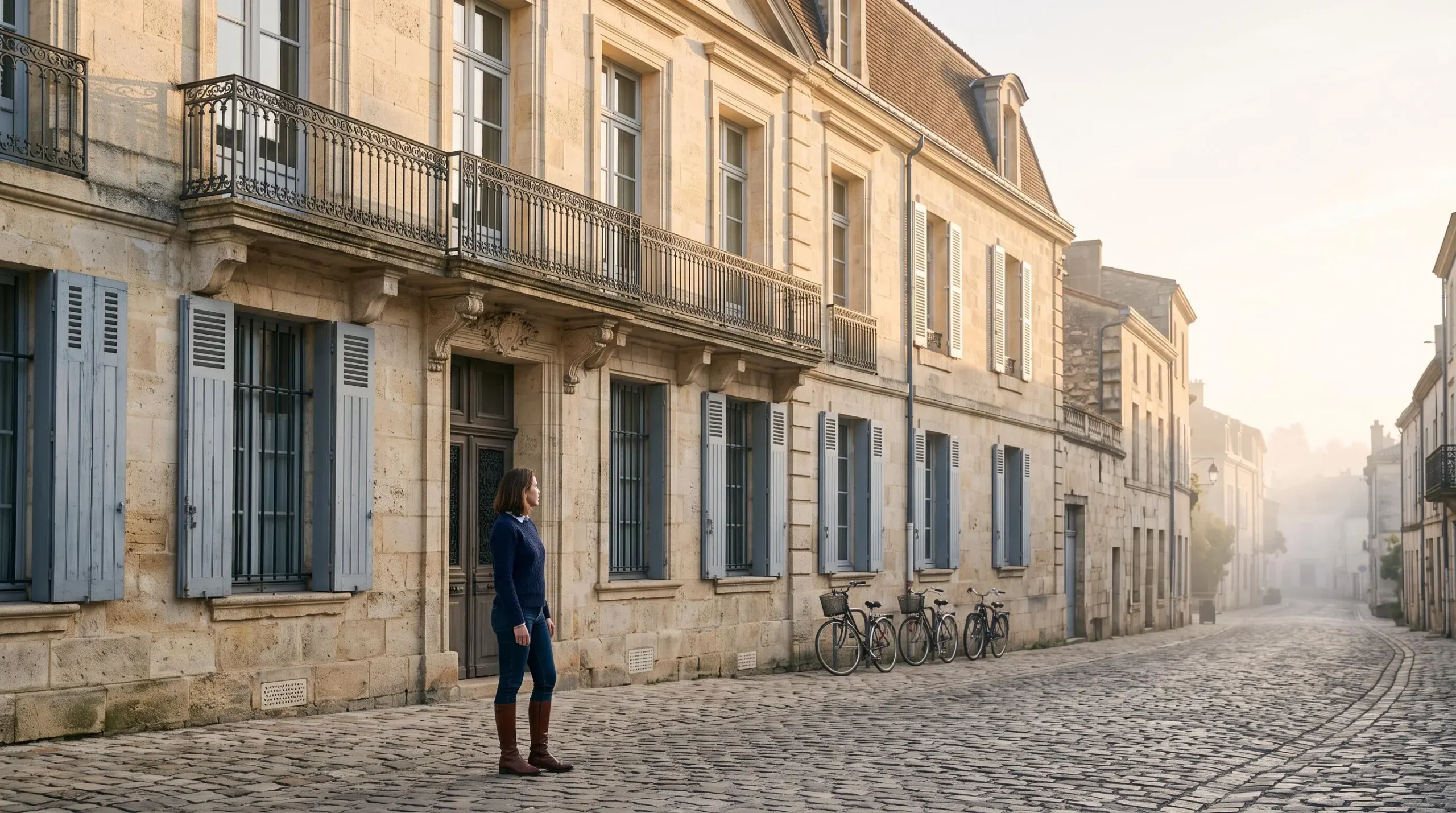 Un investisseur observe la façade d'un immeuble ancien dans une ville de province française au lever du jour, symbole de l'analyse patiente d'un bien locatif rentable.