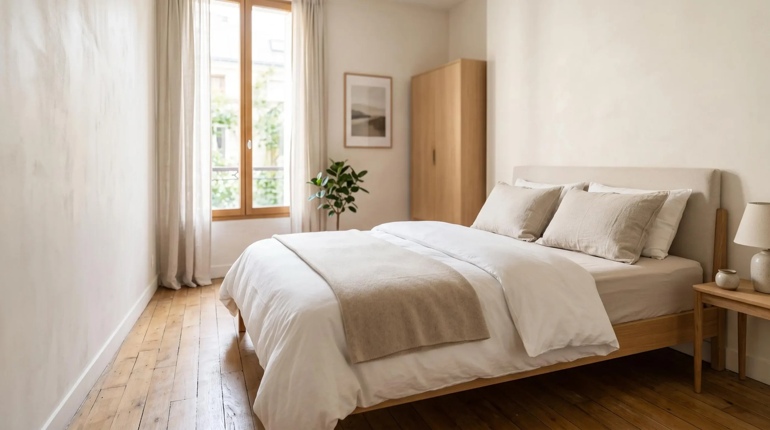 Chambre de location meublée soignée avec un lit fraîchement fait et un matelas de qualité, symbole d'un investissement locatif durable