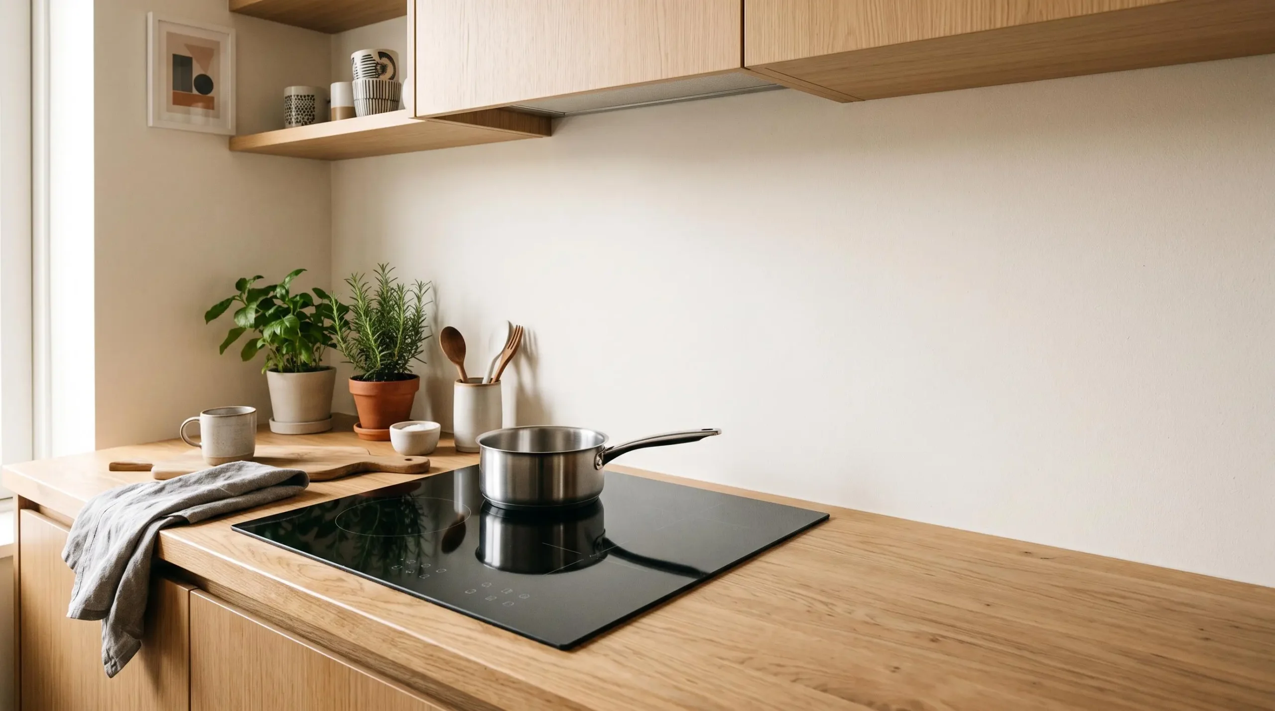 Plan de travail de studio meublé avec une plaque de cuisson moderne installée sous une fenêtre baignée de lumière naturelle