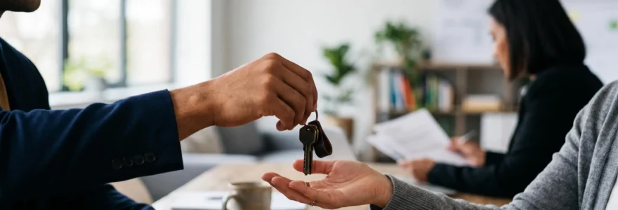 Couple examinant les clés de leur futur logement aux côtés d'un conseiller financier, symbole d'une négociation de crédit réussie