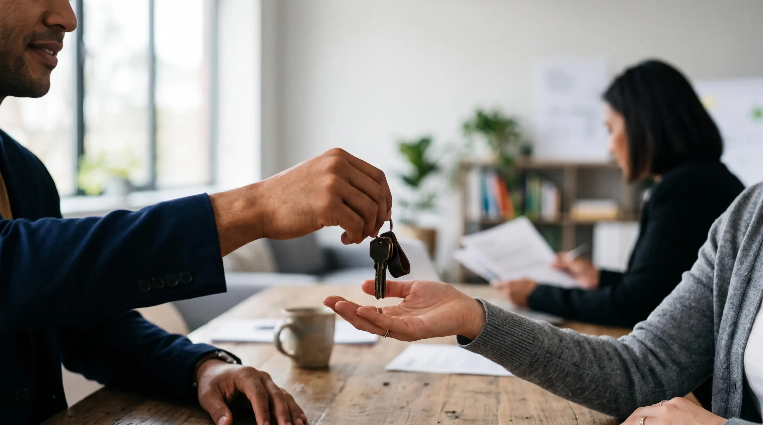 Couple examinant les clés de leur futur logement aux côtés d'un conseiller financier, symbole d'une négociation de crédit réussie