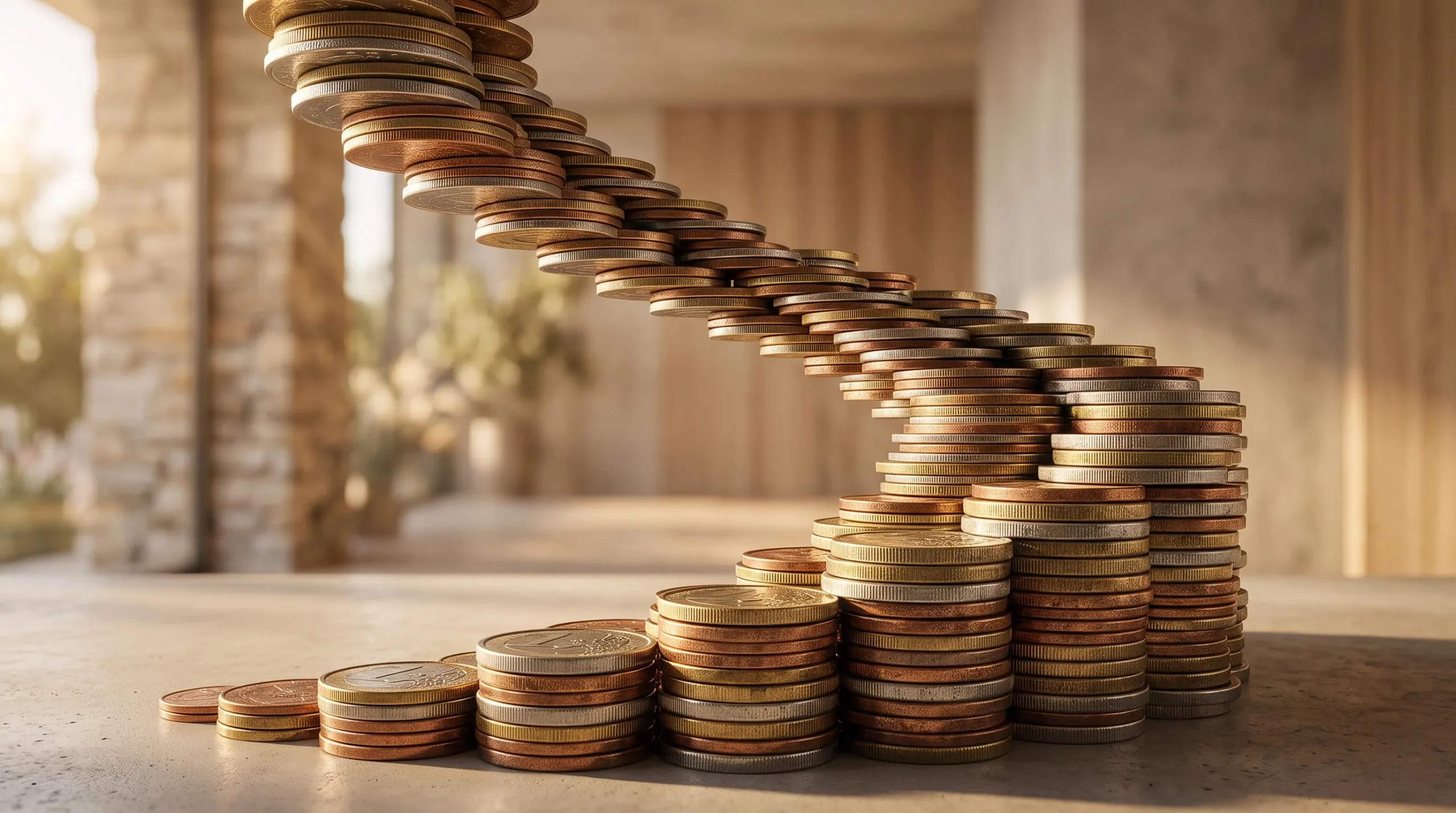 Escalier en spirale composé de pièces de monnaie empilées illustrant la croissance exponentielle de l'épargne grâce aux intérêts composés