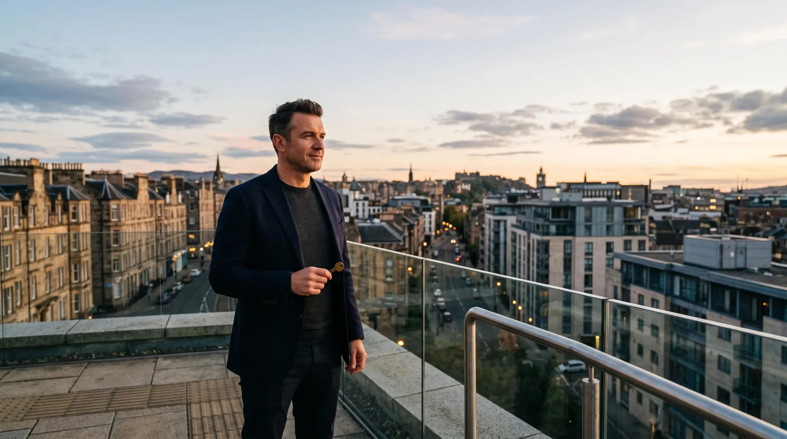 Investisseur immobilier confiant observant un paysage urbain mixte au crépuscule, symbolisant l'expertise en immobilier locatif