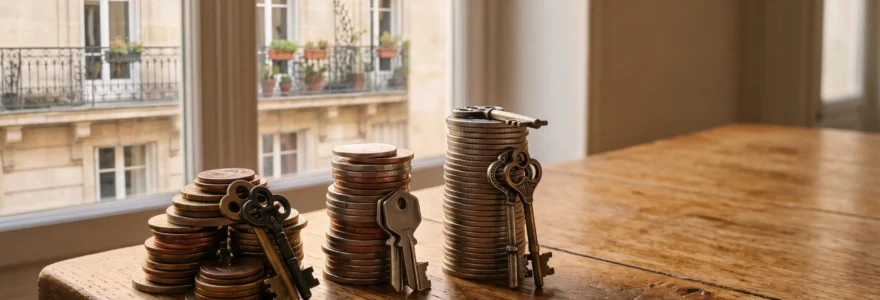 Illustration éditoriale représentant l'équilibre entre crédit bancaire, apport personnel et aides publiques pour financer un achat immobilier