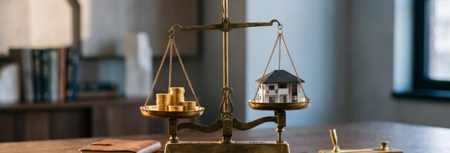 Balance symbolique illustrant l'equilibre entre epargne et credit immobilier sous l'influence des taux d'interet