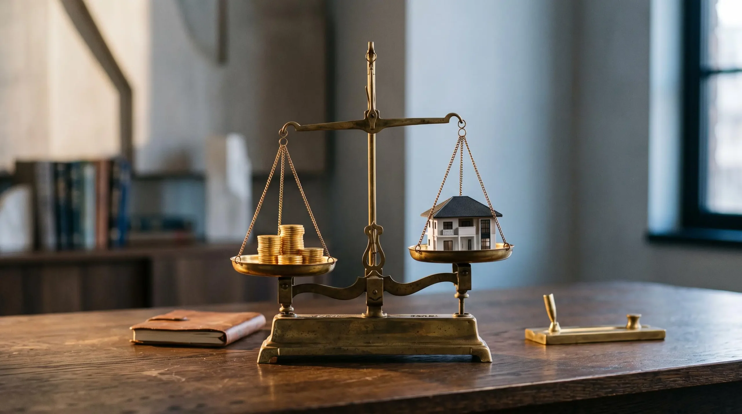 Balance symbolique illustrant l'equilibre entre epargne et credit immobilier sous l'influence des taux d'interet