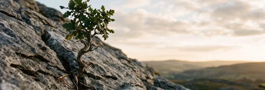 Une main tenant délicatement un petit arbre en équilibre sur une pente rocheuse, symbolisant la stabilité d'un investissement face à la volatilité des marchés