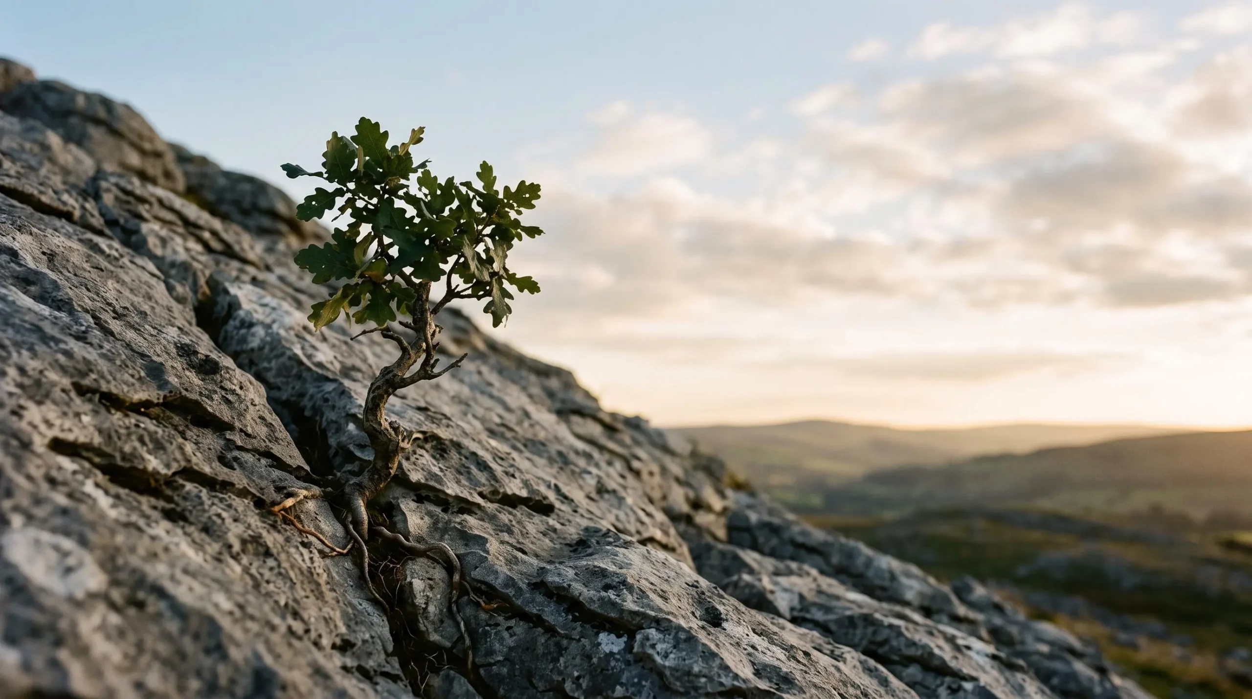 Une main tenant délicatement un petit arbre en équilibre sur une pente rocheuse, symbolisant la stabilité d'un investissement face à la volatilité des marchés