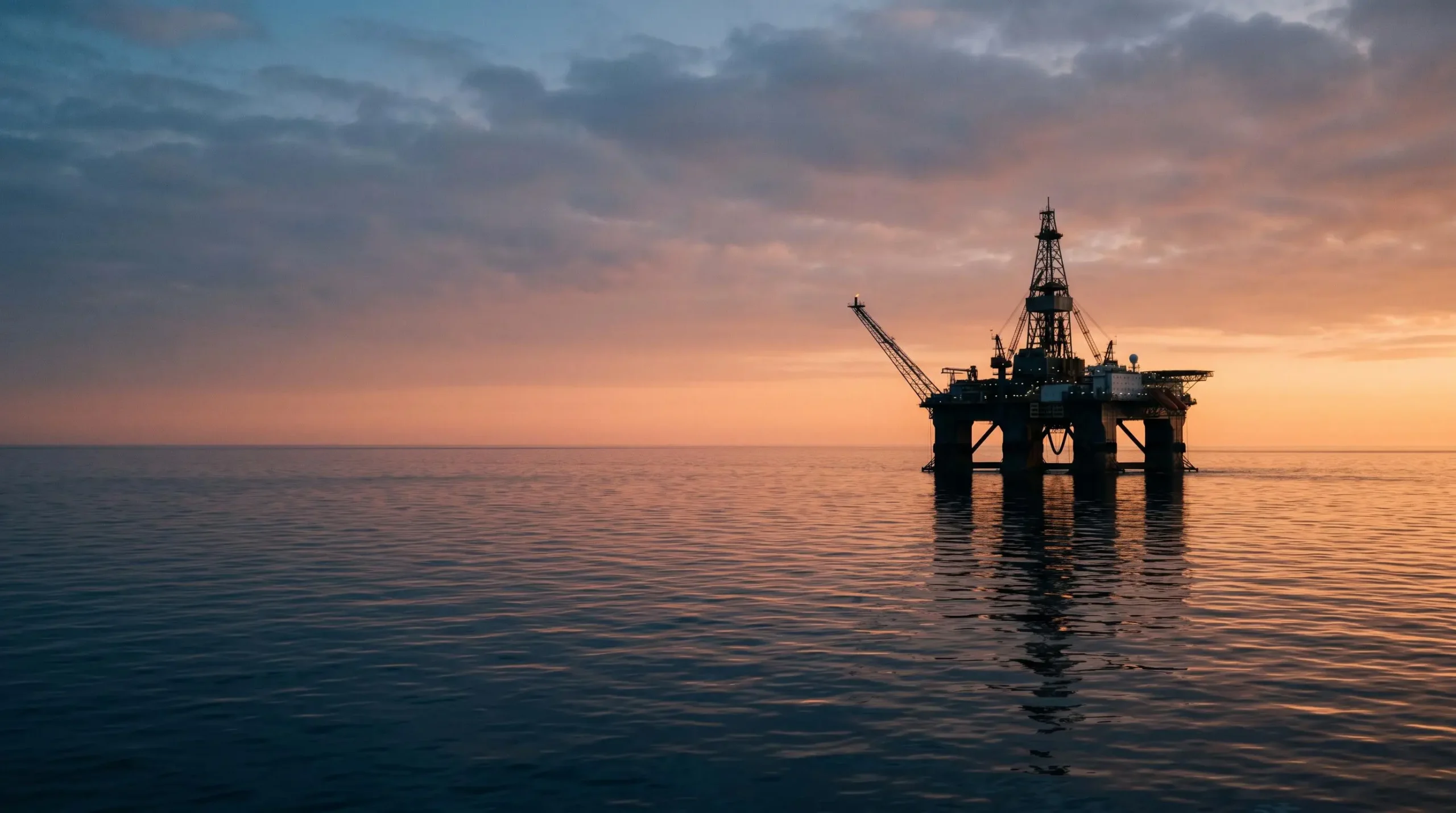 Plateforme petroliere en mer au crepuscule symbolisant un investissement stable generant des revenus reguliers