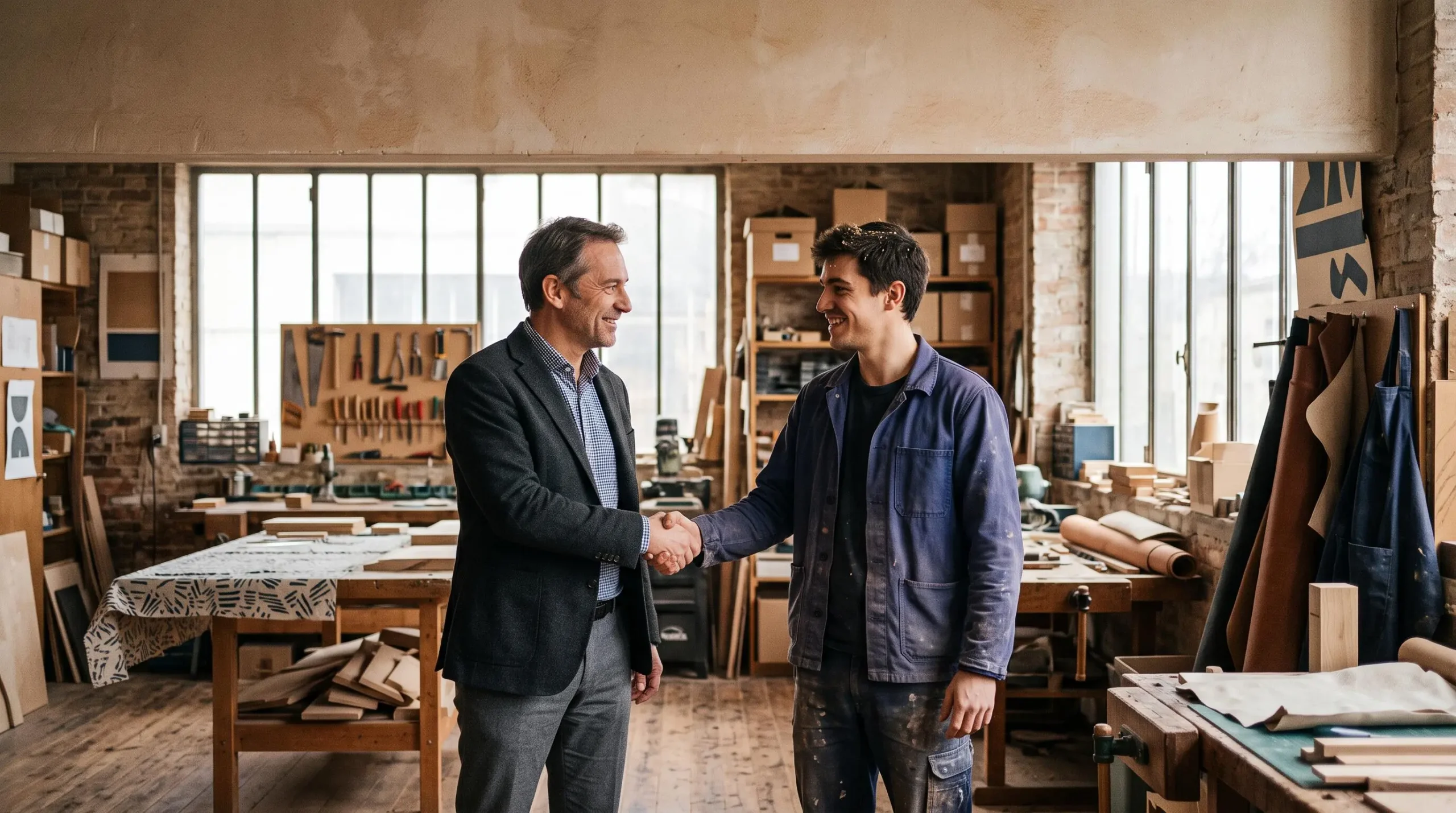 Un investisseur particulier visite l'atelier d'une PME artisanale française, symbole du soutien financier a l'economie reelle