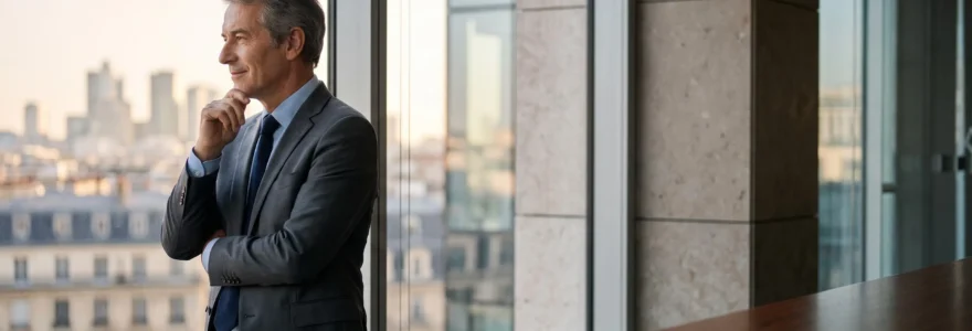 Investisseur contemplant silencieusement un quartier d'affaires parisien au lever du jour, symbole de patience et de vision long terme en bourse