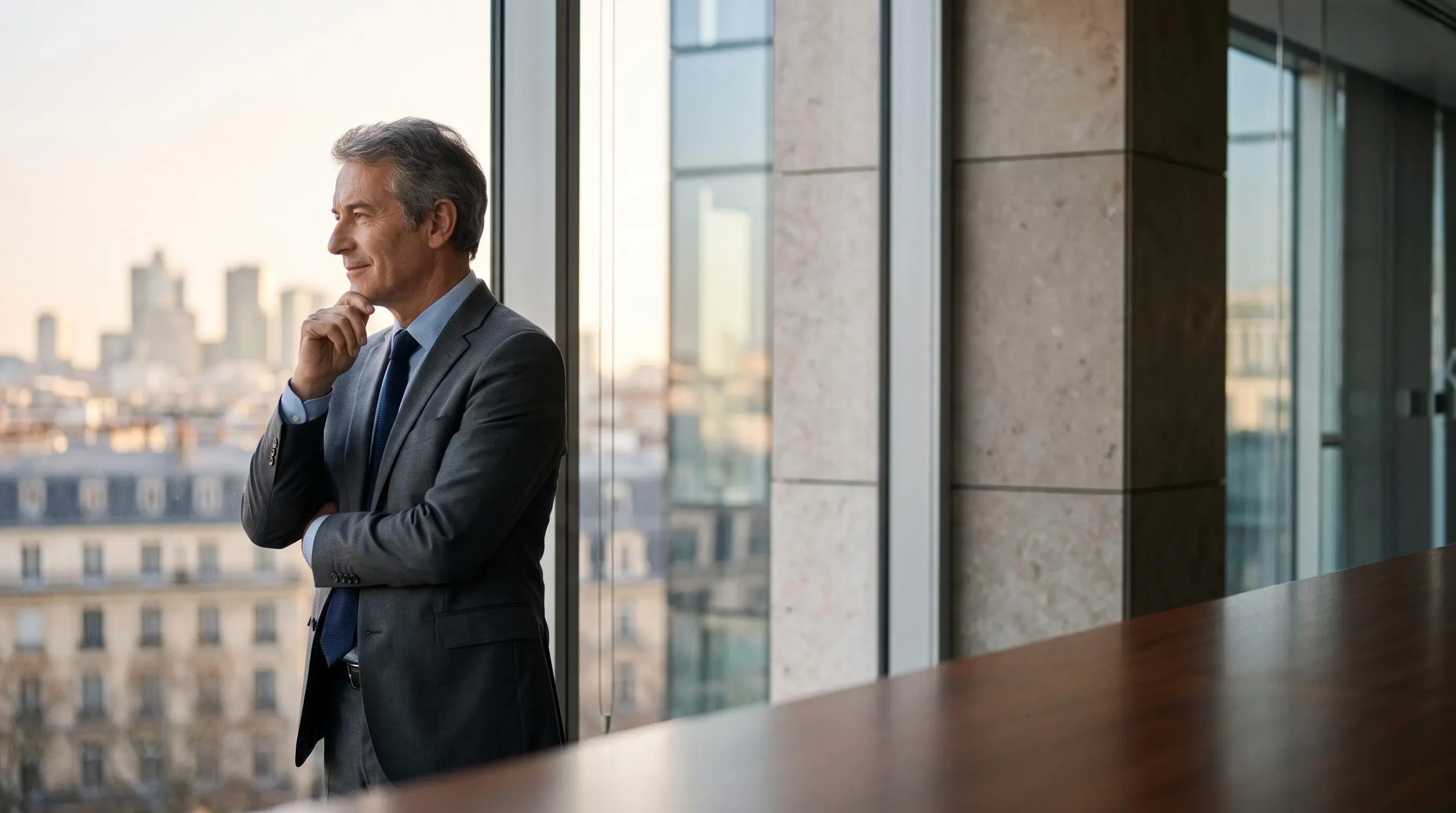 Investisseur contemplant silencieusement un quartier d'affaires parisien au lever du jour, symbole de patience et de vision long terme en bourse