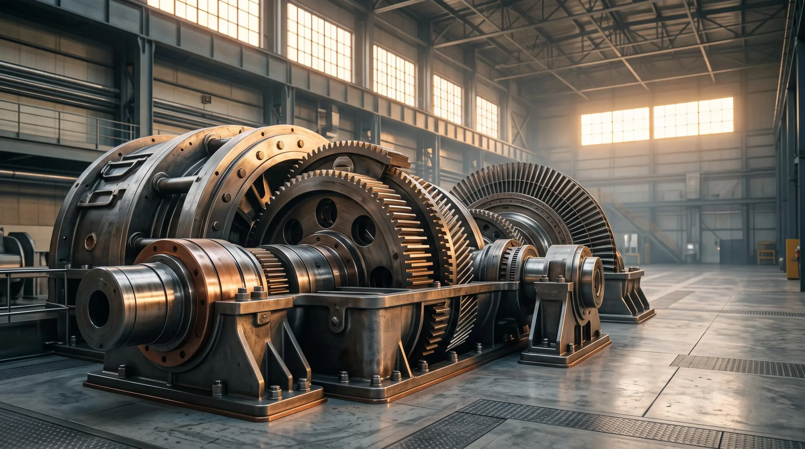 Machine industrielle de precision baignee dans une lumiere doree symbolisant la solidite et le rendement des leaders industriels mondiaux