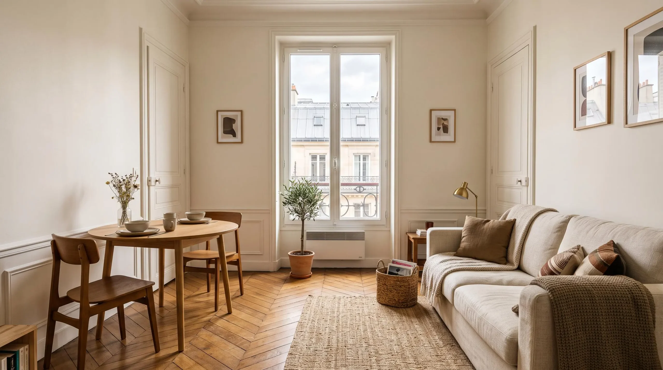 Salon et coin nuit d'un T2 meublé avec goût pour un budget maîtrisé, ambiance chaleureuse et lumineuse