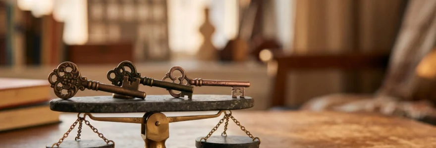Trois clés anciennes en équilibre sur une balance symbolisant la gestion d'un patrimoine immobilier de plusieurs biens entre fiscalité et succession