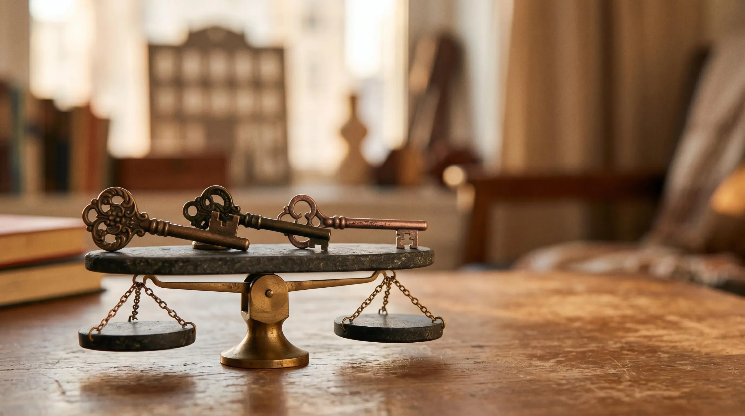 Trois clés anciennes en équilibre sur une balance symbolisant la gestion d'un patrimoine immobilier de plusieurs biens entre fiscalité et succession