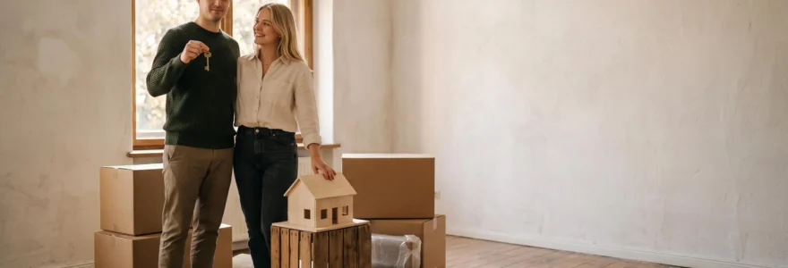 Jeune couple tenant symboliquement une clé et une petite maquette de maison devant une fenêtre lumineuse, illustrant l'accession à la propriété avec un apport personnel