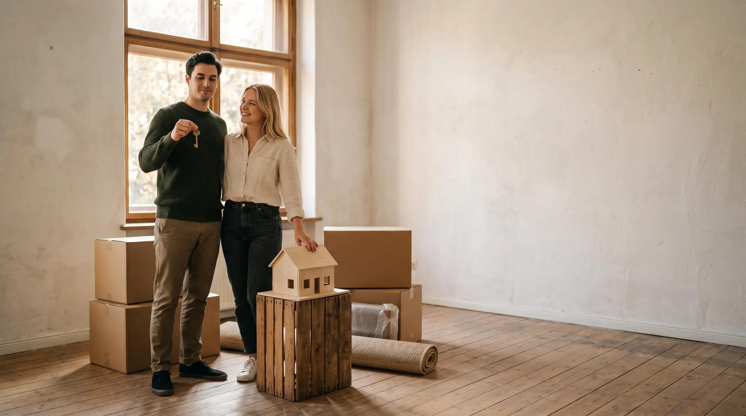 Jeune couple tenant symboliquement une clé et une petite maquette de maison devant une fenêtre lumineuse, illustrant l'accession à la propriété avec un apport personnel