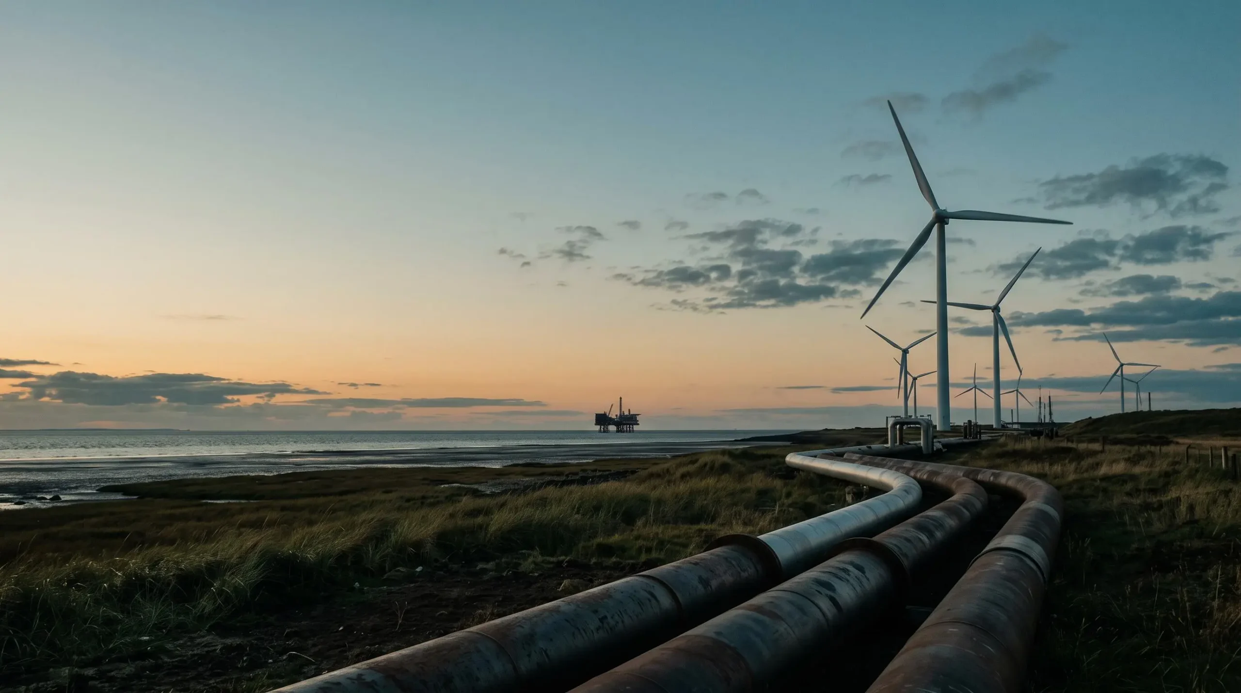 Vue panoramique d'infrastructures gazieres europeennes au crepuscule symbolisant la diversification des investissements energetiques