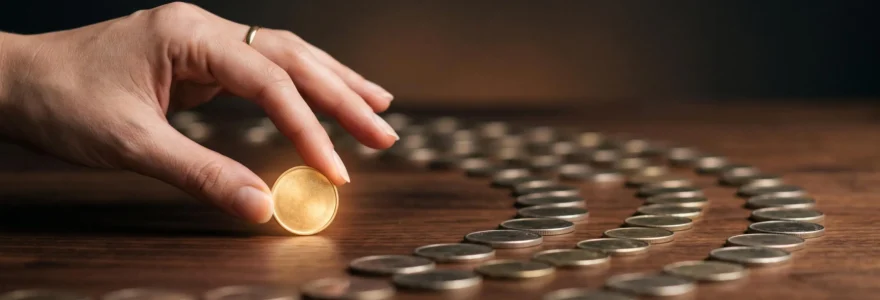 Main tenant délicatement une pièce lumineuse parmi un ensemble de jetons financiers disposés en éventail, symbolisant la sélection rigoureuse d'un placement adapté