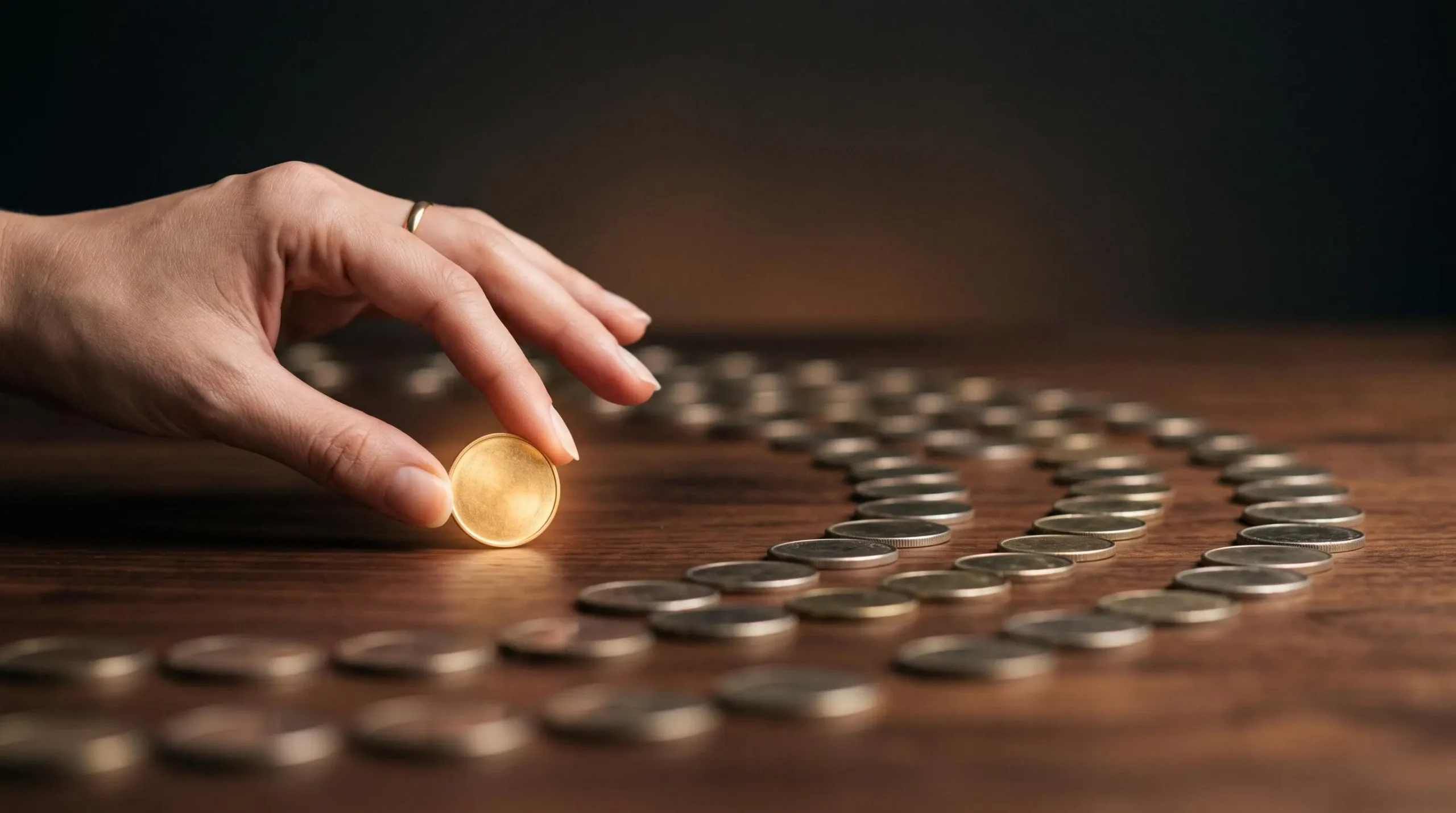 Main tenant délicatement une pièce lumineuse parmi un ensemble de jetons financiers disposés en éventail, symbolisant la sélection rigoureuse d'un placement adapté