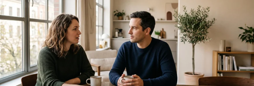 Couple examinant les options de remboursement de leur crédit immobilier dans un intérieur lumineux, symbolisant une décision financière réfléchie