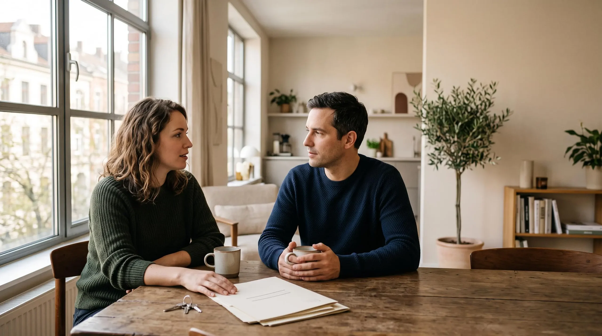 Couple examinant les options de remboursement de leur crédit immobilier dans un intérieur lumineux, symbolisant une décision financière réfléchie