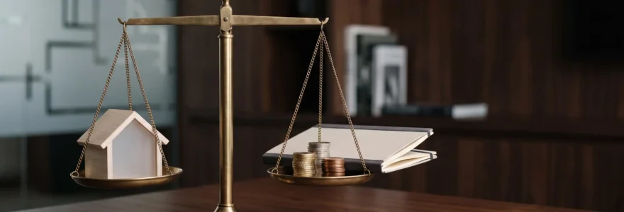 Balance symbolique entre une maquette de maison et une pile de pièces représentant l'équilibre d'un financement immobilier optimisé