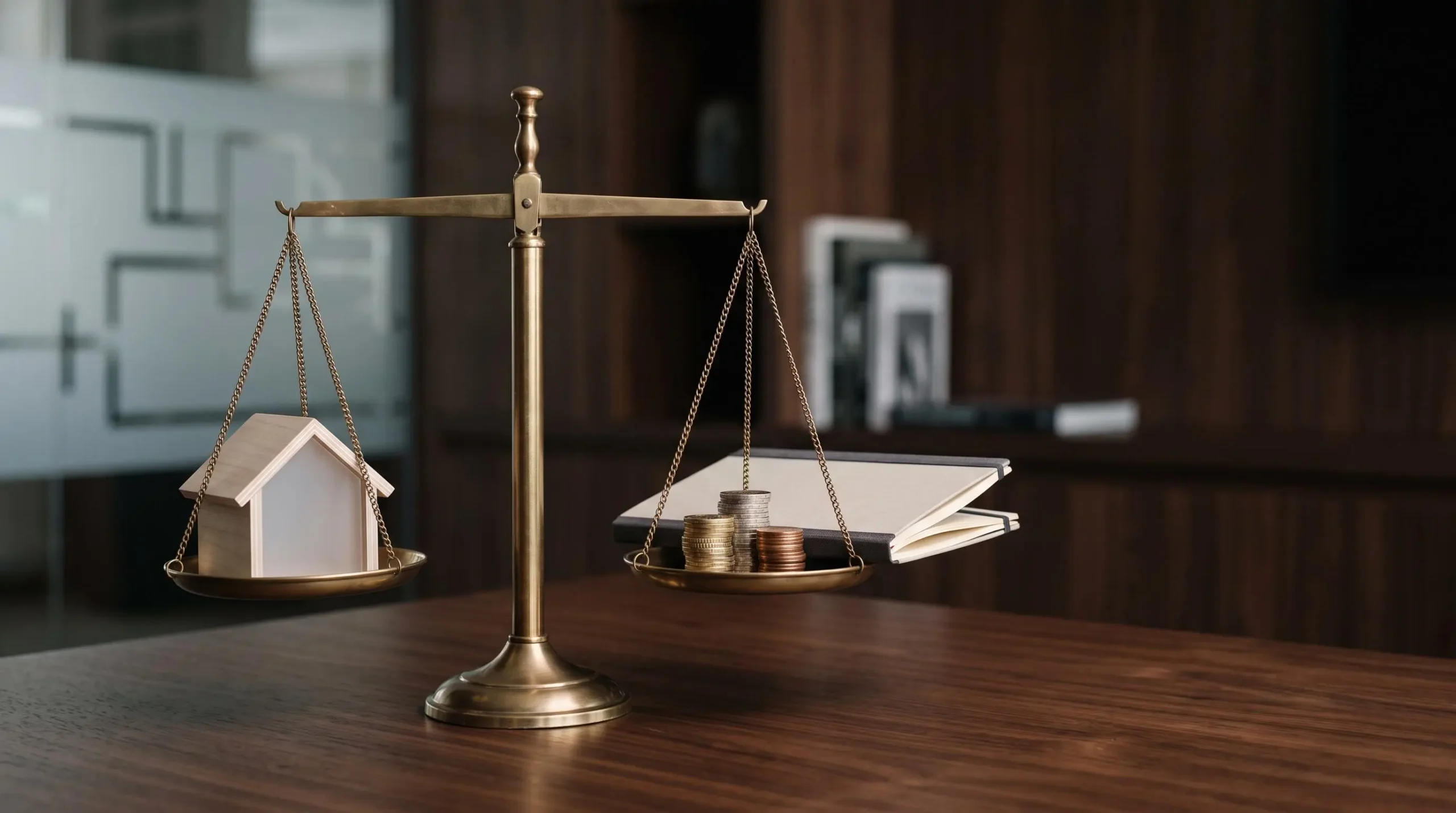 Balance symbolique entre une maquette de maison et une pile de pièces représentant l'équilibre d'un financement immobilier optimisé