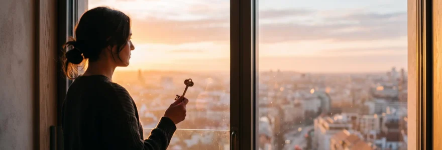 Personne regardant un horizon urbain a l'aube en tenant une cle de maison, symbolisant l'attente du bon moment pour emprunter