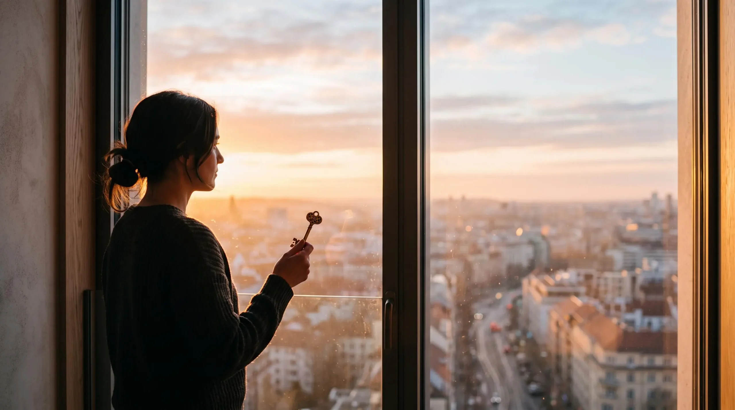 Personne regardant un horizon urbain a l'aube en tenant une cle de maison, symbolisant l'attente du bon moment pour emprunter