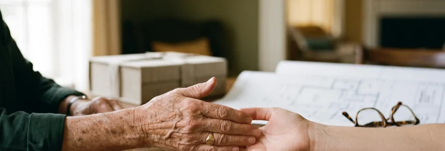 Deux mains de générations différentes se rejoignant au-dessus d'une table en bois, symbolisant la transmission d'un patrimoine familial