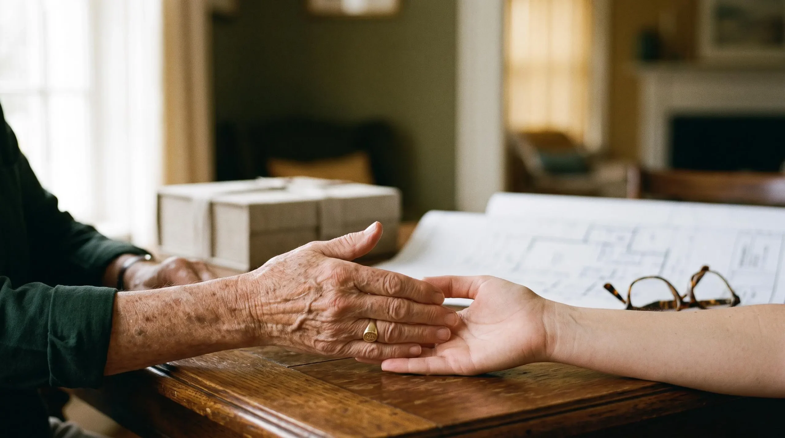 Deux mains de générations différentes se rejoignant au-dessus d'une table en bois, symbolisant la transmission d'un patrimoine familial