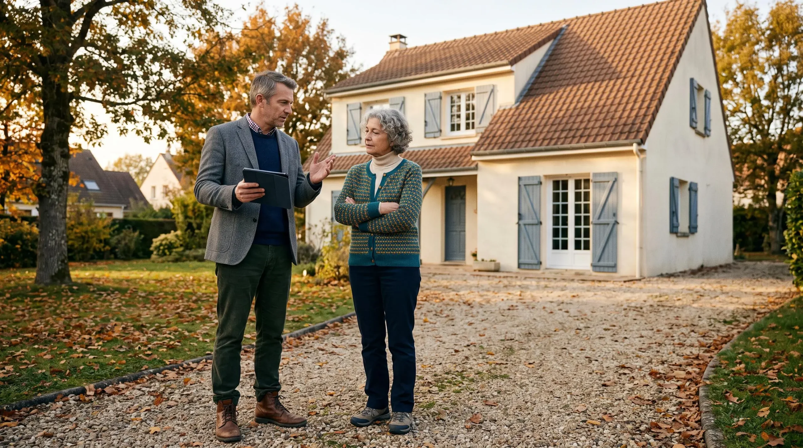 Expert immobilier et propriétaire senior évaluant une maison individuelle française dans le cadre d'une succession