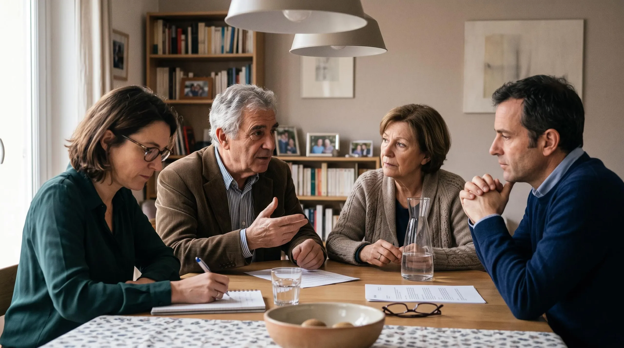 Famille multigénérationnelle française discutant ensemble de la planification successorale autour d'une table