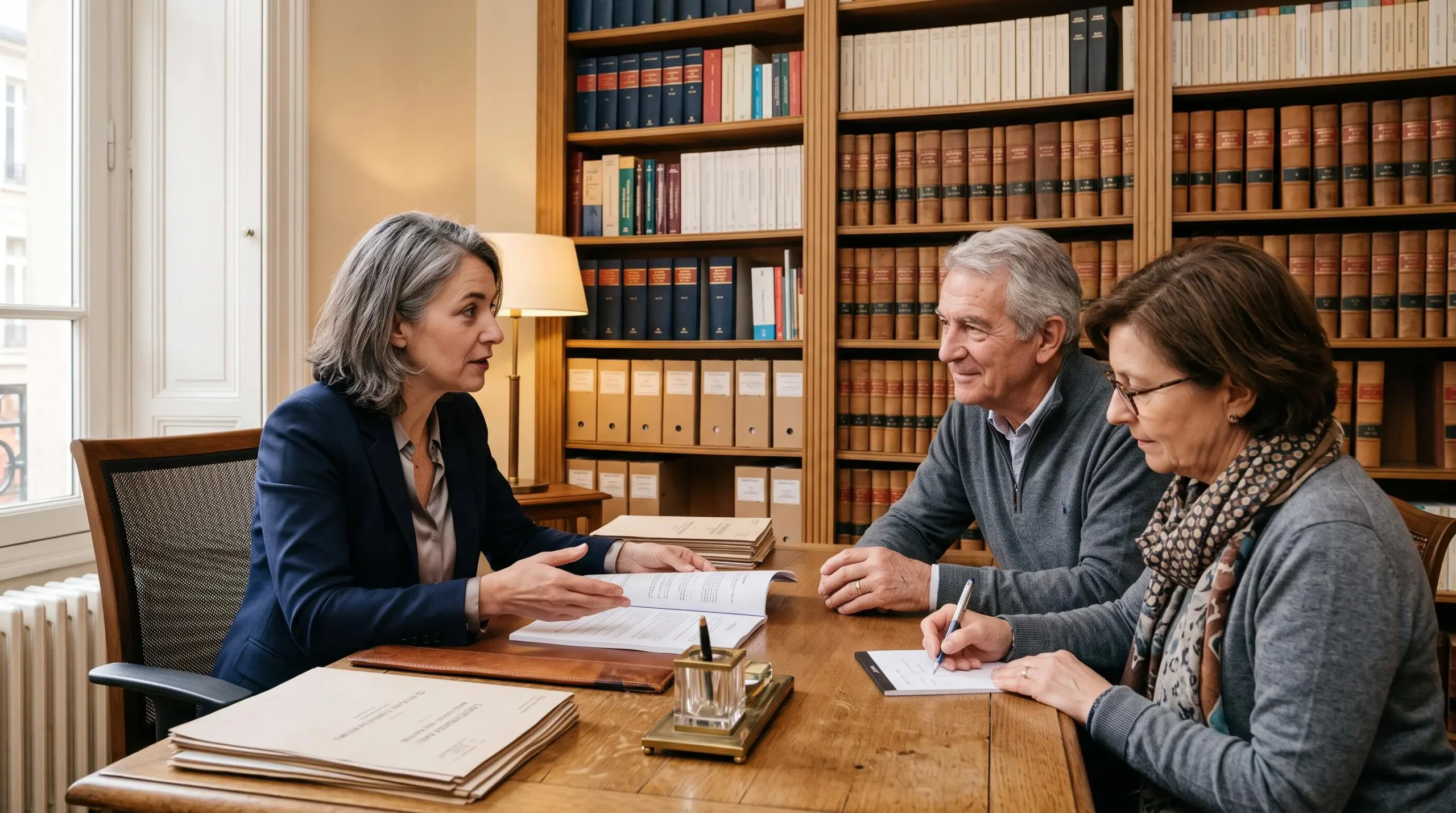 Notaire française en consultation avec un couple de seniors dans une étude notariale, expliquant des documents de succession