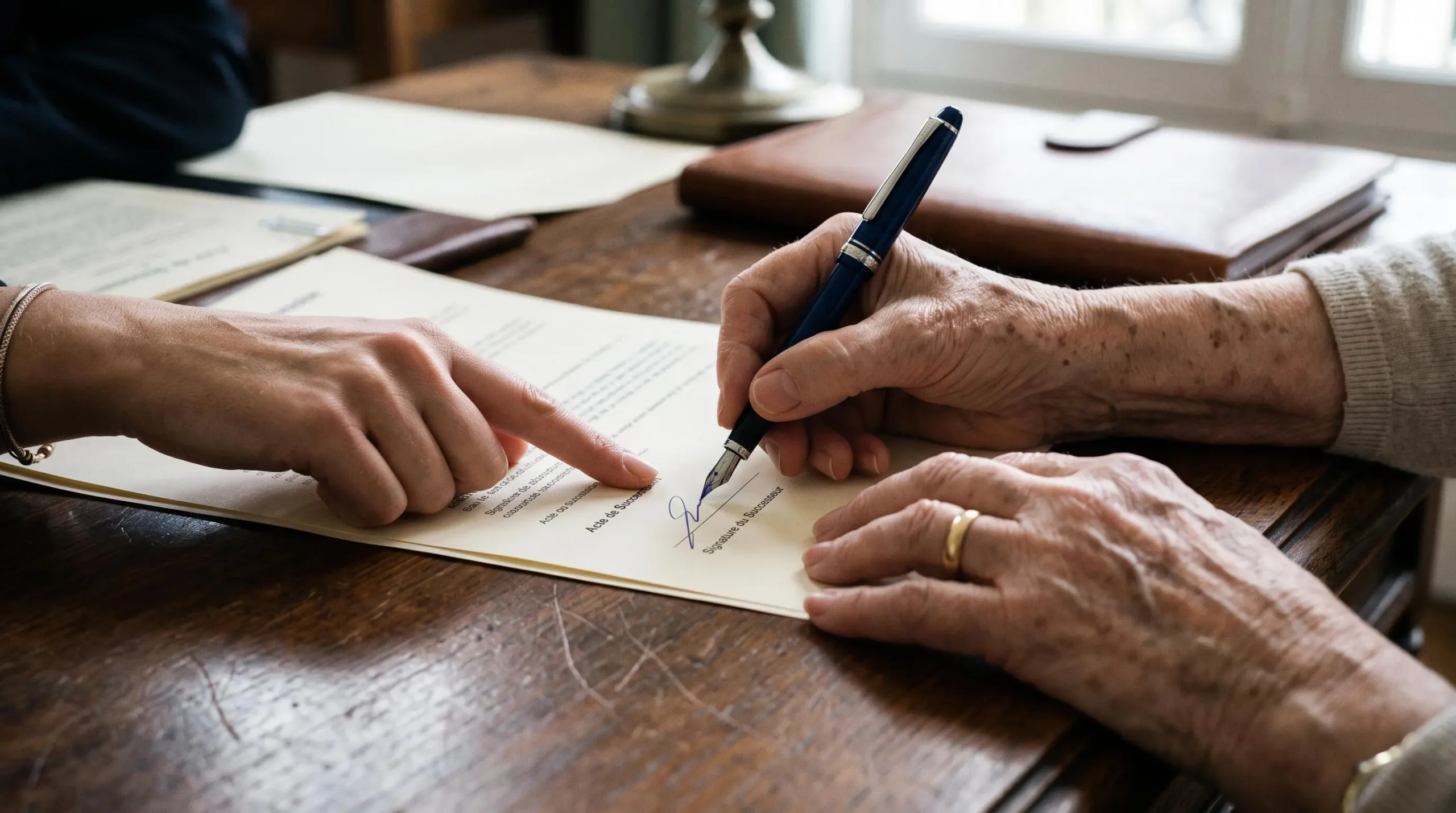 Mains signant des documents de succession avec l'accompagnement d'un notaire